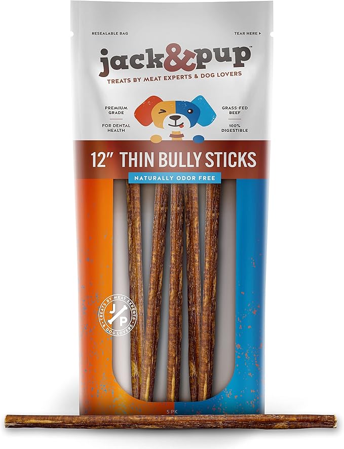 Jack&Pup Dog Bully Sticks for Small Dogs - 12 Inch Thin Bully Sticks for Dogs (5 Pack) Single Ingredient, Long Lasting Pizzle Stick for Puppies, Seniors