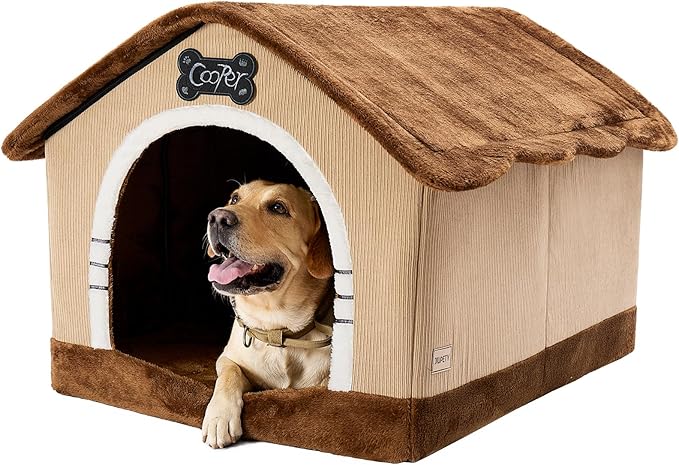 Jiupety Indoor Dog House with Frame, Large Dog Cave Bed, Insulated Cozy, Suitable for 60-100 lb, Jumbo (38"×30"×28"), Brown