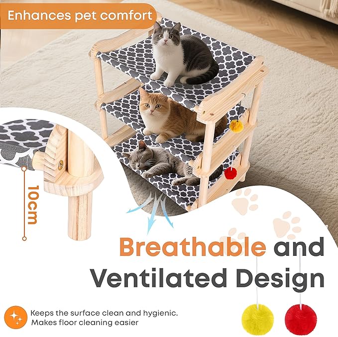 Large 3-Layer Cat Hammock Bed, 24"x15.7"x26.8" Elevated Cat Bed with Pine Wood Frame, Breathable Washable Covers, Wooden Pet Furniture for Indoor Cats and Small Animals(Grey, 3-Tier)