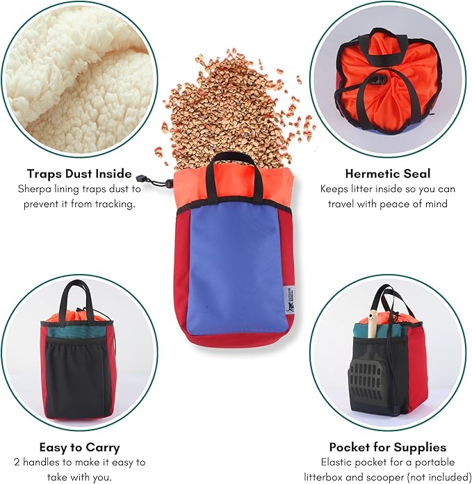 Travel Litter Box for Cats (3in1 Kit) – Foldable Litterbox + Litter Bag + Scooper (Portable Litter Box for Cat Traveling) Collapsible Litterbox for Car Travel with Cat, Camping, Plane