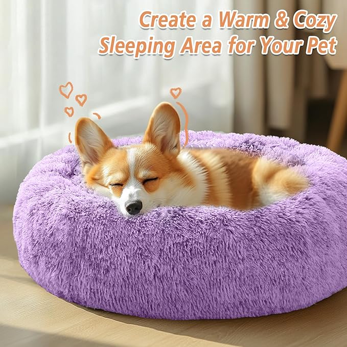 JOLLYVOGUE Calming Dog & Cat Bed for Large Dogs, Anti-Anxiety Donut Cuddler Cozy Soft Round Bed with Anti-Slip Bottom, Fluffy Faux Fur Plush Cushion Beds for Medium Dogs (36")