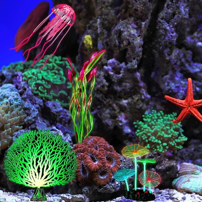 Frienda 8 Pieces Glowing Fish Tank Decorations Plants with 2 Style Glowing Kelp, Sea Anemone, Simulation Coral, Jellyfish, Lotus Leaf, Mushroom for Aquarium Fish Tank Ornament (Purple, Pink)