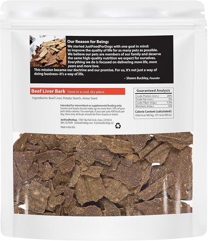JustFoodForDogs Limited-Ingredient Beef Liver Healthy Dog Treats, Preservative-Free, Made in The USA, 5 oz