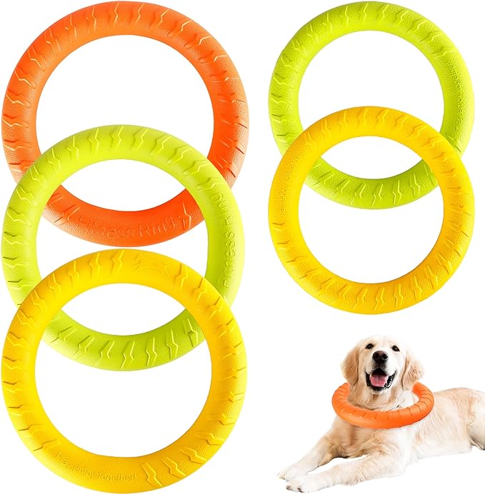 5 Pack Dog Training Ring Toys for Aggressive Chewers Medium Large Breeds Flying Disc Dog Floating Ring for Fetching Catching Throwing Teeth Cleaning Indestructible Pull Toy Outdoor (2 Size)