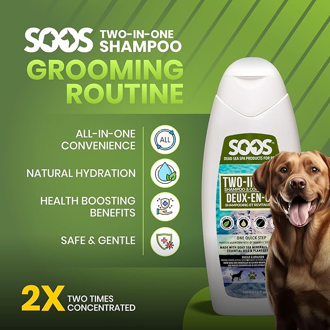 Soos Pet Dog Shampoo and Conditioner for Cats and Pets Natural Dead Sea Minerals Two-in-One Deeply Absorbing with Essential Oils Natural Ingredients Vitamins Antifun-gle - 1x Pack (500ml)