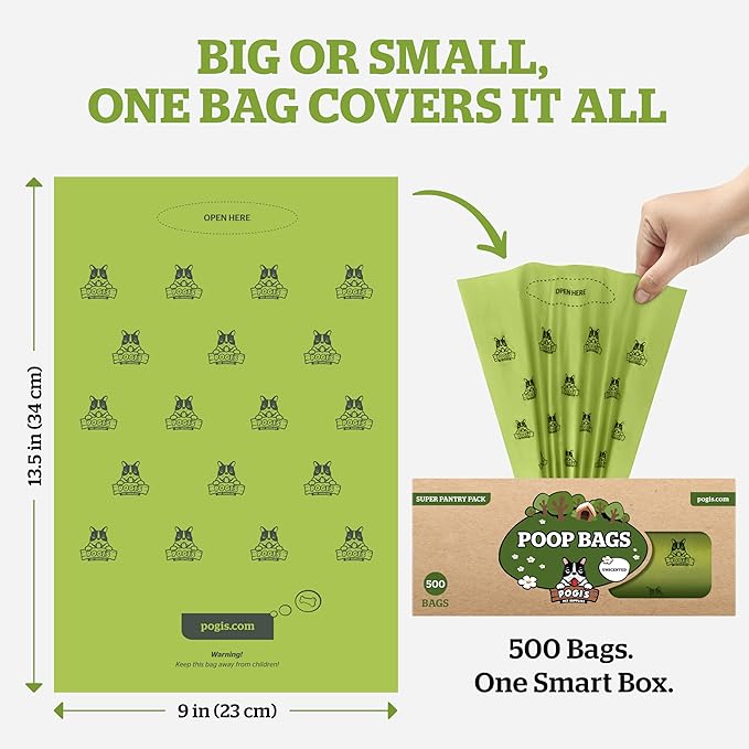 Pogi's Poop Bags – Large, Leak-Proof Dog Waste Bags for Yard or Home Use, Unscented (Single Roll, 500-Count)