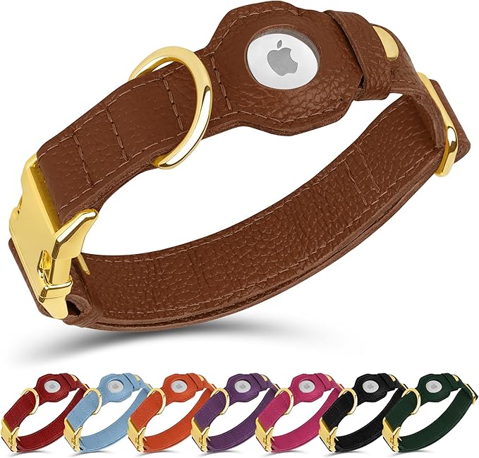 Leather Airtag Dog Collar - Soft Tracking Dog Collar with Apple AirTag Holder and Metal Buckle - Safety GPS Pet Collars for Small Medium Large Dogs Puppy Pink Red (Brown, L, 17"-21" Neck Fit)