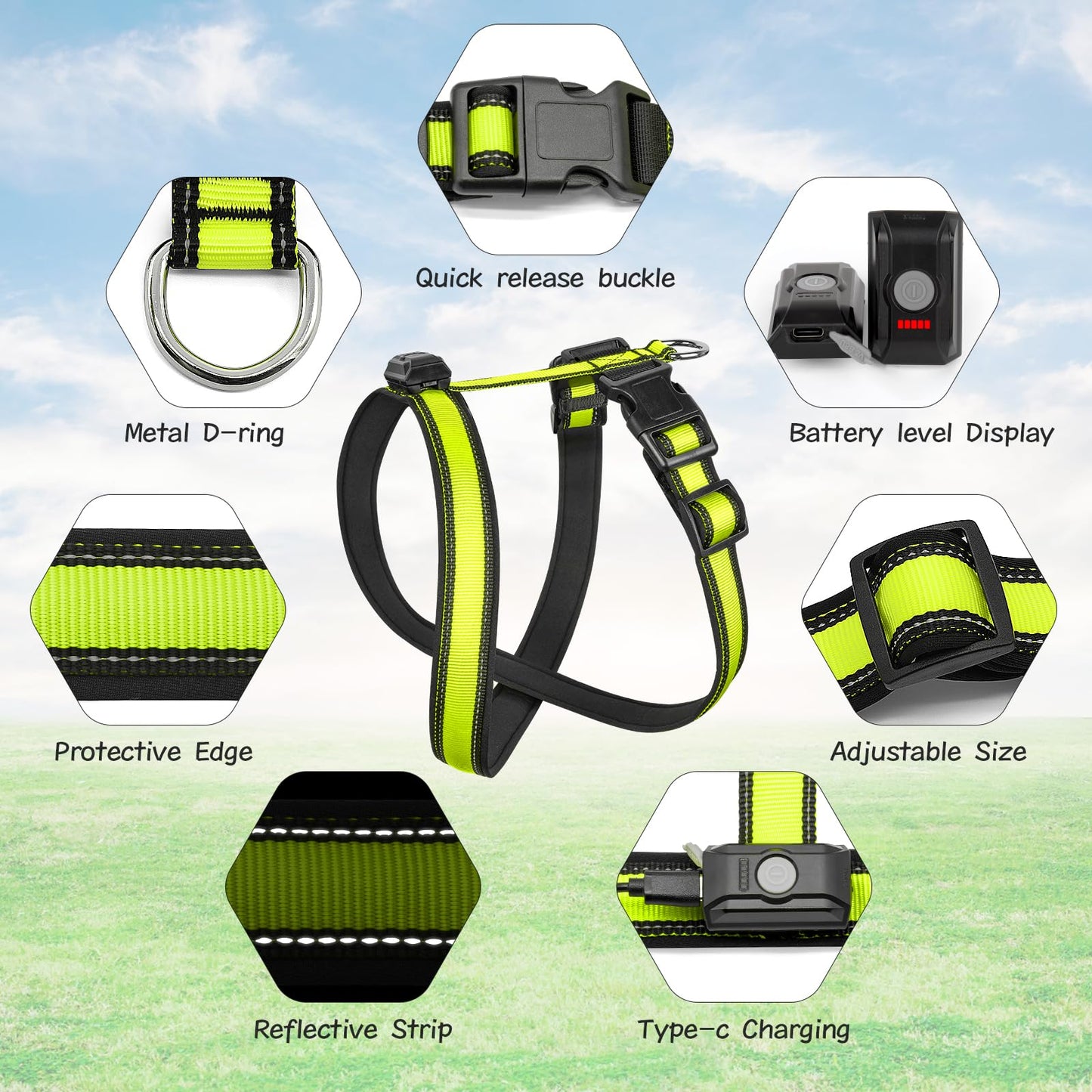 Light Up Dog Harness, Rechargeable LED Dog Harness, Glow in The Dark Dog Vest, Adjustable Pet Lights for Night Walking, Reflective Safety Vest for Medium Large Pet (Green, S)