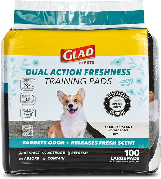 Glad for Pets Dual Action Freshness Activated Carbon Puppy Training Pads with Fragrance Release, Scented Pee Pads, Ultra Absorbent, Odor Control. 23"x23" 100ct