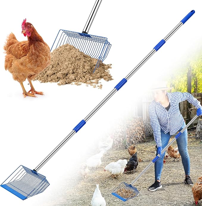 Large Chicken Poop Scooper, Heavy Duty Chicken Coop Scoop for Sand, 35" to 64" Adjustable Stainless Steel Handle, Multifunctional Sifting Shovel for Chicken Coop/Goat Stall/Stable Cleaning
