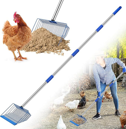 Large Chicken Poop Scooper, Heavy Duty Chicken Coop Scoop for Sand, 35" to 64" Adjustable Stainless Steel Handle, Multifunctional Sifting Shovel for Chicken Coop/Goat Stall/Stable Cleaning