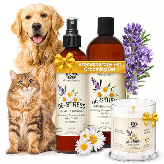 Dog Shampoo and Conditioner Aromatherapy Pet Bundle Set Itchy Skin Relief - De-Stress Dog Grooming Bundle with Dogs Calming Spray Scent Mist, and Pet Odor Eliminator Candle - Lavender & Chamomile