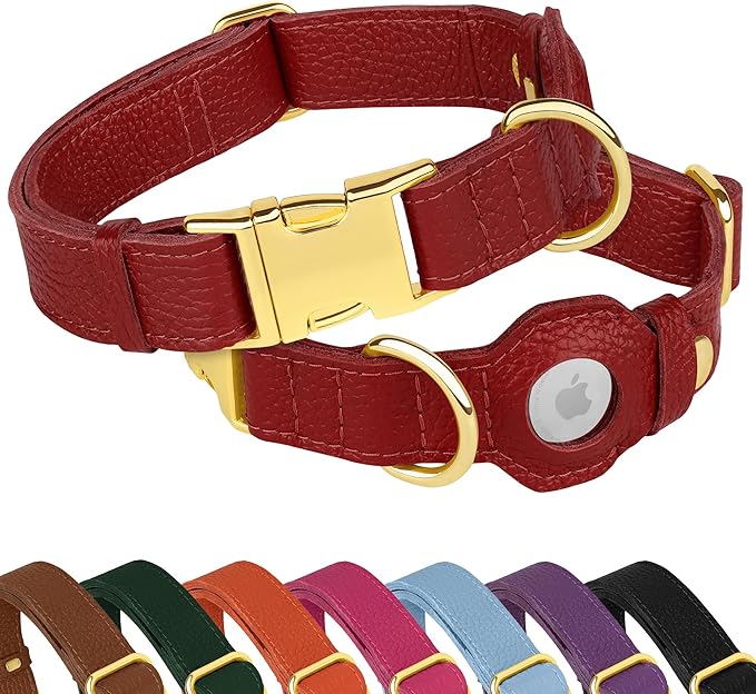 Leather Airtag Dog Collar - Soft Tracking Dog Collar with Apple AirTag Holder and Metal Buckle - Safety GPS Pet Collars for Small Medium Large Dogs Puppy Pink Red (Red, L, 17"-21" Neck Fit)