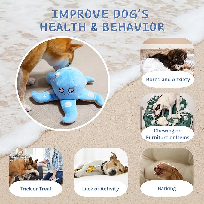 Dog Puzzle Toy, Interactive Snuffle Octopus Toy for Medium Large Dogs – Hide & Seek Treat Dispenser with Squeaky & Crinkle Sounds, Plush Chew Toy, Durable & Washable (Blue)