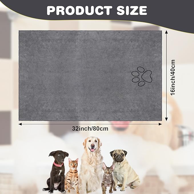 Chumia 4 Pack Dog Towels for Drying Large Microfiber Grooming Tools Absorbent Soft Bath Supplies with Embroidered Paw for Small Medium Pet Products(16 x 32 Inch,Gray)