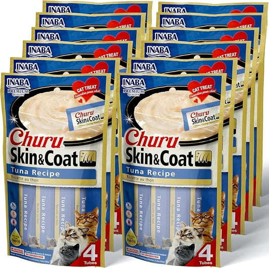 INABA Churu for Skin and Coat Lickable Purée Natural Cat Treats with Omega Oils, Taurine and Green Tea, 0.5 Ounces Each - Tuna Recipe (48 Tubes)