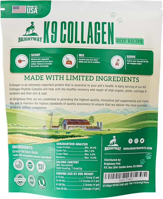 K9 Collagen PEPTIDE Complex W/BIOTIN - Hip & Joint Supplement for Dogs- Supports Healthy Joints, Skin & Coat – Helps in Recovery & Repair– 3+ Months Supply - Over 114 Servings!