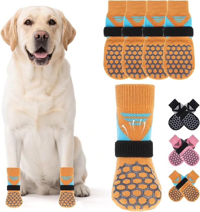 KOOLTAIL Dog Socks for Hot Pavement, Summer Breathable Dog Socks to Prevent Licking Paws, Non Slip Pet Boots&Paw Protectors for Hardwood Floor,Grippy Shoes for Small Medium Large Senior Dogs,Orange XL