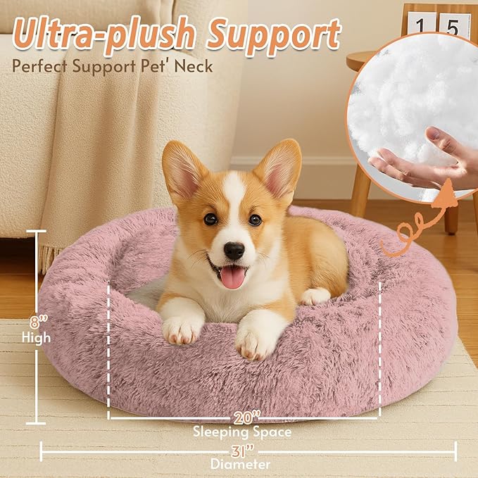 JOLLYVOGUE Medium Calming Dog Bed, Anti-Anxiety Donut Cuddler Cat Bed with Anti-Slip Bottom, Fluffy Faux Fur Machine Washable Pet Cushion for Medium Large Dog & Cat (31")