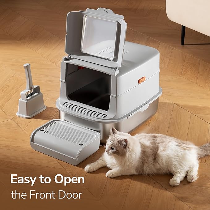 Stainless Steel XL Cat Litter Box with Lid & Door Flap, Extra Large Enclosed Metal Litter Box with High Sides, Light Grey