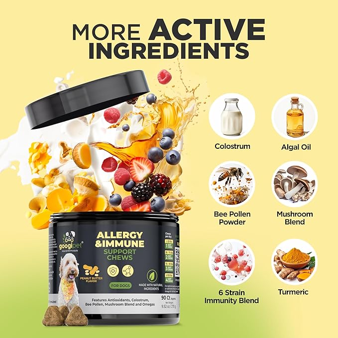 Googipet Dog Allergy Chews, Seasonal Dog Allergy Relief & Itchy Skin Relief, Skin & Coat Supplement +Bee Pollen, Colostrum, Coconut Oil, Probiotics, & Omega 3 Fish Oil for Dogs