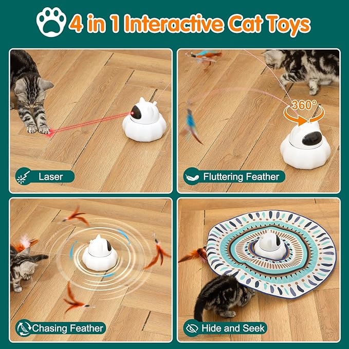 VIWIK Cat Laser Toy Automatic, 4 in 1 Interactive Cat Toys for Indoor Cats, Hide and Seek Kitten Wand Toy, USB Rechargeable Electronic Kitten Toys with Moving Feather, Cover for Bored Cats All Breeds