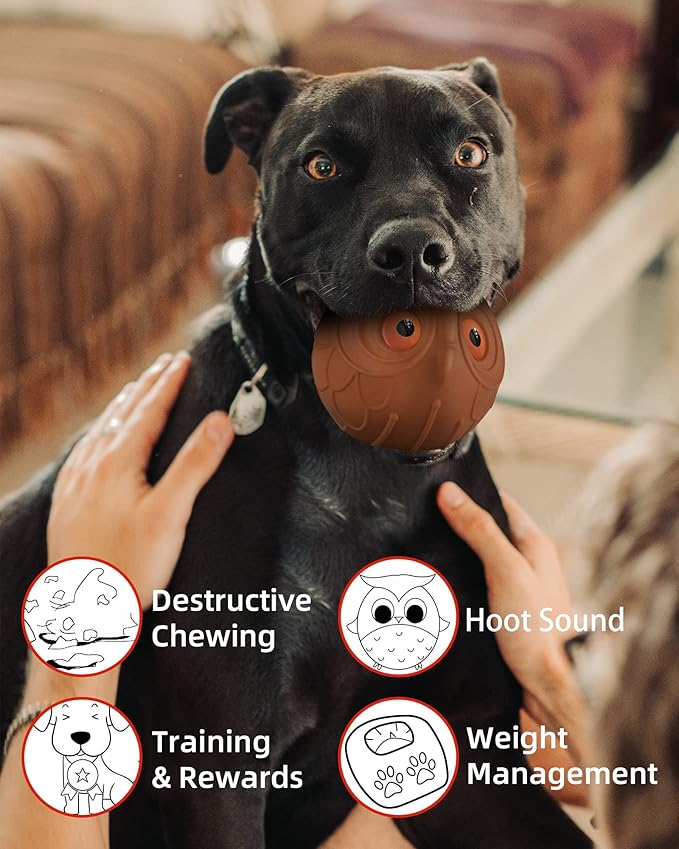 Giggle Ball for Dogs Owl Toys for Aggressive Chewers Dog Ball Toy for Puppy Medium Large Dogs Fun Gift for Dog Natural Rubber Cute Hoot Brown