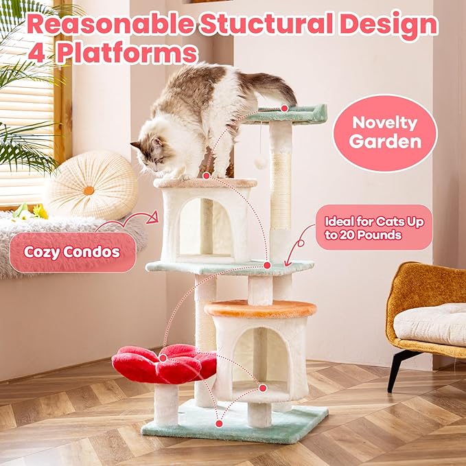HYABi 42.7 inch Flower Cat Tree Tower Condo Furniture Apartment Plush Habitat Kitten Amusement Platform Multi-Level with Scratch Posts Toy Ball Pet House Play for Indoor Cats