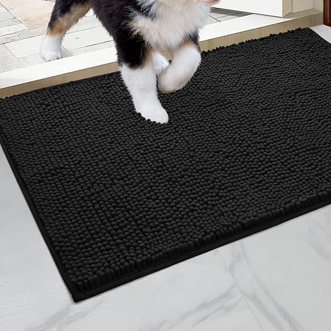 HOMEIDEAS Doormat Indoor Entrance, 32"x20", Highly Absorbent Chenille Muddy Dog Washable Non Slip Front Welcome Door Floor Mat for Entryway, Black