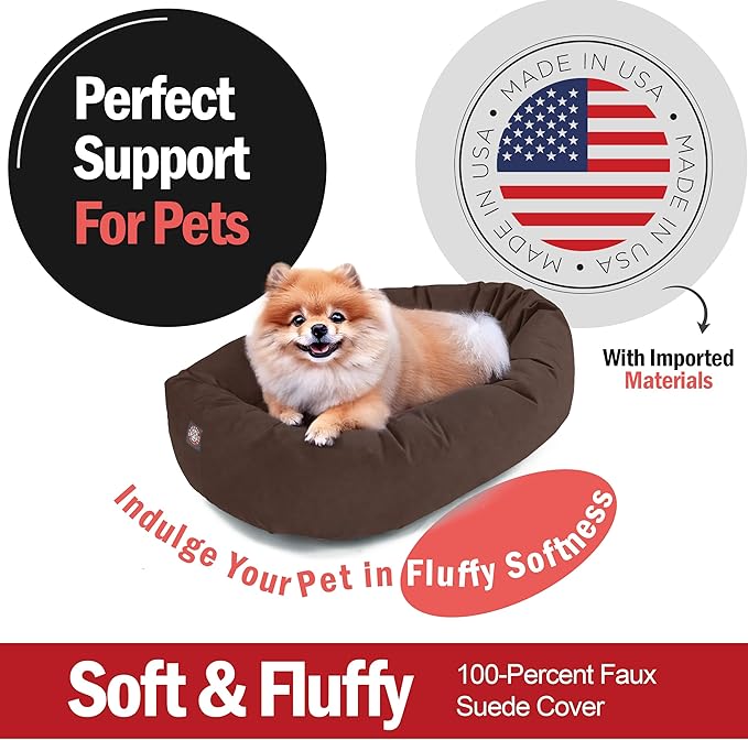 Majestic Pet 24 Inch Suede Shredded Memory Foam Mix Calming Small Dog Bed Washable 24 x 19 x 7 (Inch) - Cozy Soft Round Donut Dog Bed with Spine for Head Support - Pet Bed Chocolate