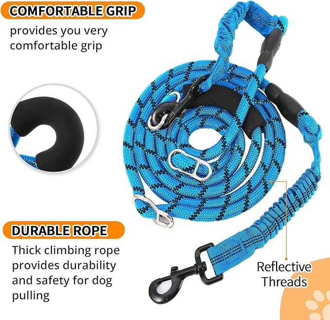 Heavy Duty Hands Free Dog Leash, 10FT Adjustable Handsfree Dog Training Leash with Shock Absorbing Bungee, No Pull Tangle Free Reflective Body Waist Leash for Dog Walking Running (Blue)