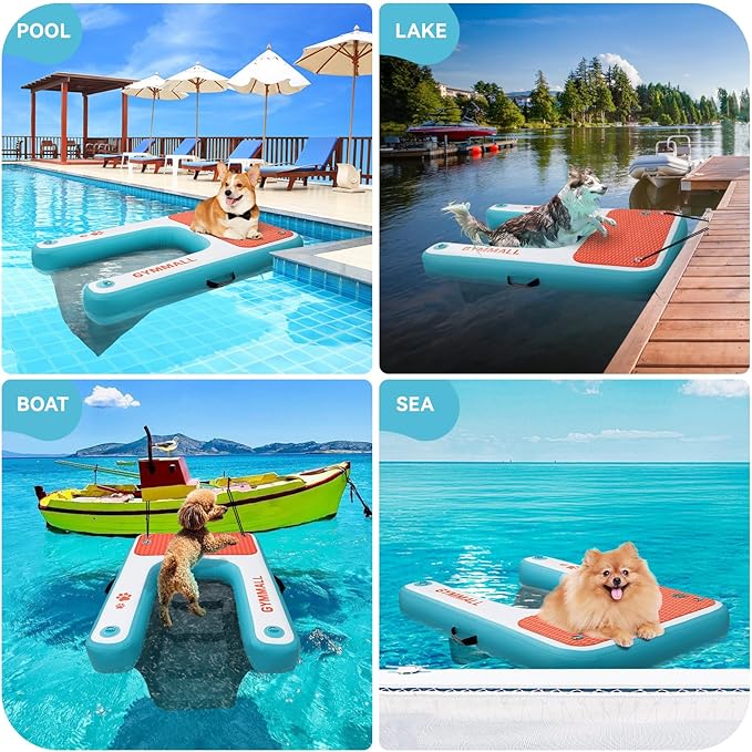 Inflatable Dog Water Ramp Pet Dock Platform Blue, Pet Water Platform for Boat Pool Lake Sea, Non-Slip Safety Floating Dock for Dogs up to 200lbs, EVA Puppy Float Ramp Dog Water Ladder