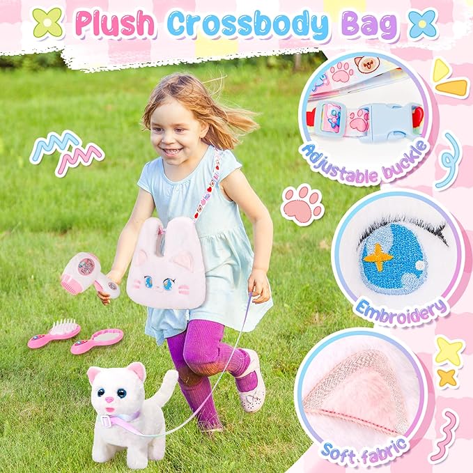 Interactive Cat Toys for Kids with Crossbody Bags, Stuffed Cat Plush with Leash Walking Meow Pretend Play Kitty Robot Pet Toy, Electronic Realistic Cute Stuff for Girls Plushies Toddler Toys