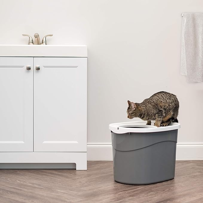 IRIS USA Top Entry Cat Litter Box, Large Enclosed with Litter Catching Lid and Scoop, Dog Proof, Cat Litter Box, Gray/White