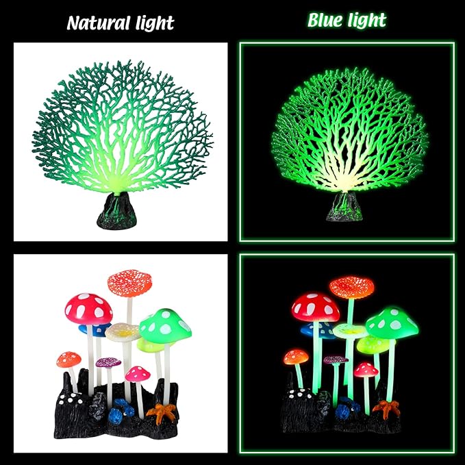 Frienda 8 Pieces Glowing Fish Tank Decorations Plants with 2 Style Glowing Kelp, Sea Anemone, Simulation Coral, Jellyfish, Lotus Leaf, Mushroom for Aquarium Fish Tank Ornament (Blue, Pink)