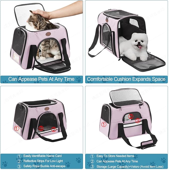 Cat Carrier Dog Carrier Pet Carriers for Medium Small Cats Dogs Puppies up to 15 Lbs,TSA Airline Approved Small Dog Cat Carriers Soft Sided,Collapsible Travel Puppy Carrier (Pink, Large)