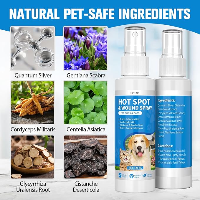 Hot Spot Treatment for Dogs Cats, 4.06Fl Oz, Anti Itch Spray for Dogs, Relive Scratching, Rashes, Sores, Itchy Skin, Gentle & Safe for Pets, 120ml