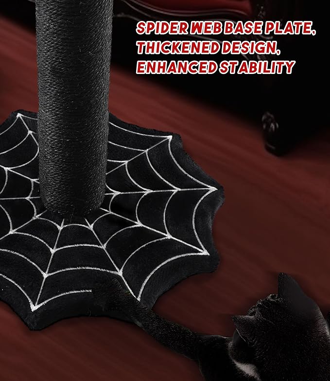 Gothic Cat Scratching Post with Spider Dangling Toys for Indoor Cats, Halloween Spooky Cat Scratcher,Activity Cat Play Center Goth Cat Tree Tower Furniture with Cobweb Base,Black