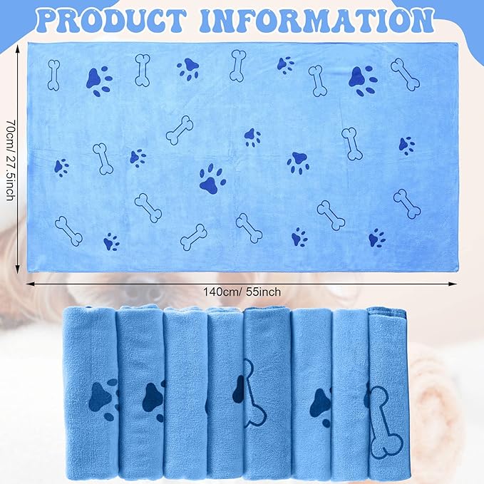 8 Pcs Dog Towels Pet Bath Drying Towels 55 x 28 Inches Large Absorbent Microfiber Quick Fast Drying Soft Beach for Lightweight Cat and Puppy Shower Essentials Cleaning Accessories(Blue)