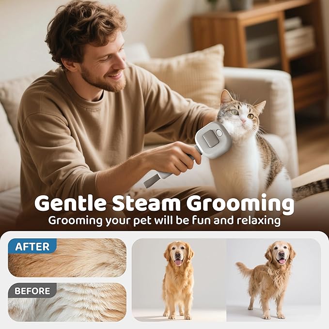 3 in 1 Cat Brush - Dog Brush, Steam for Shedding & Grooming, Indoor & Outdoor Shedding Spritz Comb for Long & Short Hair Cats & Dogs, Cat Steam Brush - Includes Waterless Shampoo, Gray