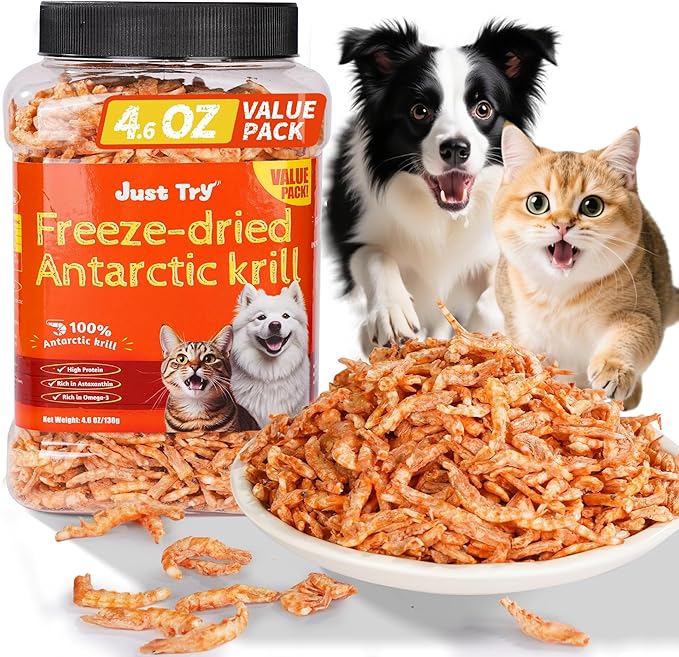 Just Try 4.6 oz Freeze Dried Antarctic Krill for Dogs & Cats High Protein Grain Free Treats Natural Shrimp Omega 3 Fish Oil Supports Skin & Coat Health