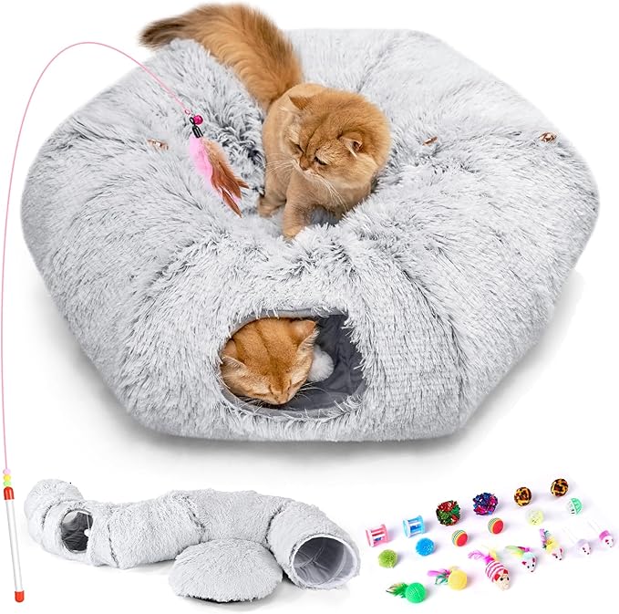 Odoland Cat Tunnel Bed with 20 Cat Toys - Indoor Plush Kitten Couch, Detachable Cats Cave Donut Tunnel & Soft Kitten Toy Set - Cozy Cat Furniture, White