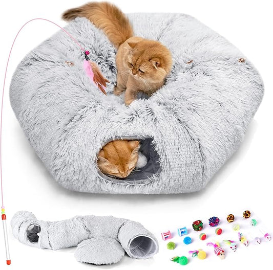 Odoland Cat Tunnel Bed with 20 Cat Toys - Indoor Plush Kitten Couch, Detachable Cats Cave Donut Tunnel & Soft Kitten Toy Set - Cozy Cat Furniture, White