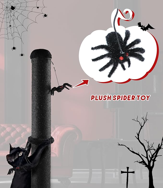 Gothic Cat Scratching Post with Spider Dangling Toys for Indoor Large Cats, Halloween Spooky Cat Scratcher,Activity Cat Play Center Cat Tree Tower Furniture with Cobweb Base,Black,Large