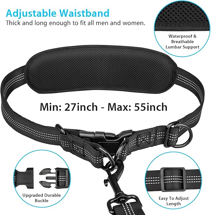 Hands Free Dog Running Leash with Zipper Pouch, Dual Handle, Elastic Bungees Retractable Rope for Medium and Large Dogs, Waist Bag Pack Carry Phones for Walking Hiking Biking (Large, 25-120lb)