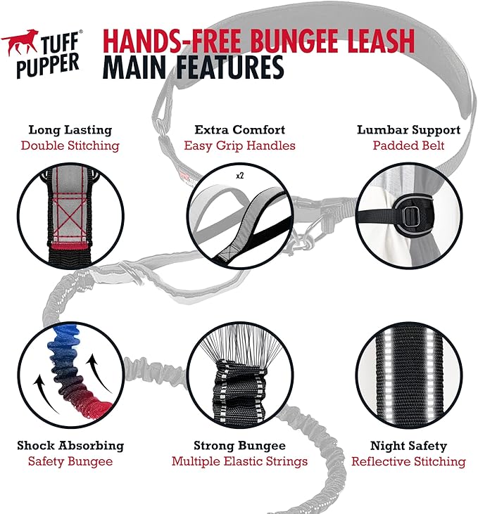 Tuff Pupper Heavy Duty Hands Free Dog Leash | Two Small/Medium Dogs Up to 90 lbs | Comfortable Shock Absorbing Bungee | Reflective Padded Handles | Lumbar Waist Belt 22-45" | Jogging Running Leash