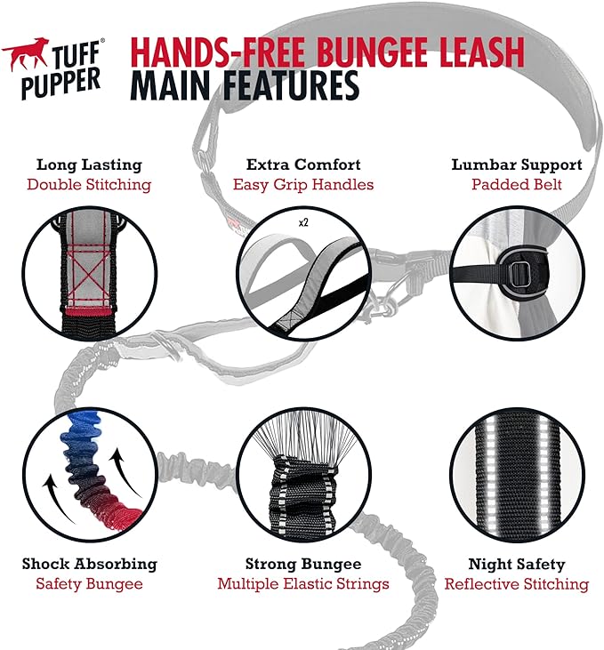 Tuff Pupper Heavy Duty Hands Free Dog Leash | One Large Dog Up to 125 lbs | Comfortable Shock Absorbing Bungee | Reflective Padded Handles | Lumbar Waist Belt 24-42" | Walking Jogging Running Leash
