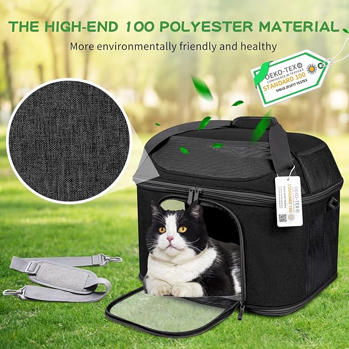 Large Cat Carrier for 2 Cats, Soft Side Carrier for Kitten Puppy, Collapsible Travel Dog Carrier TSA Airline Approved Cat Carrier Backpack for 20 lbs Pets,Black