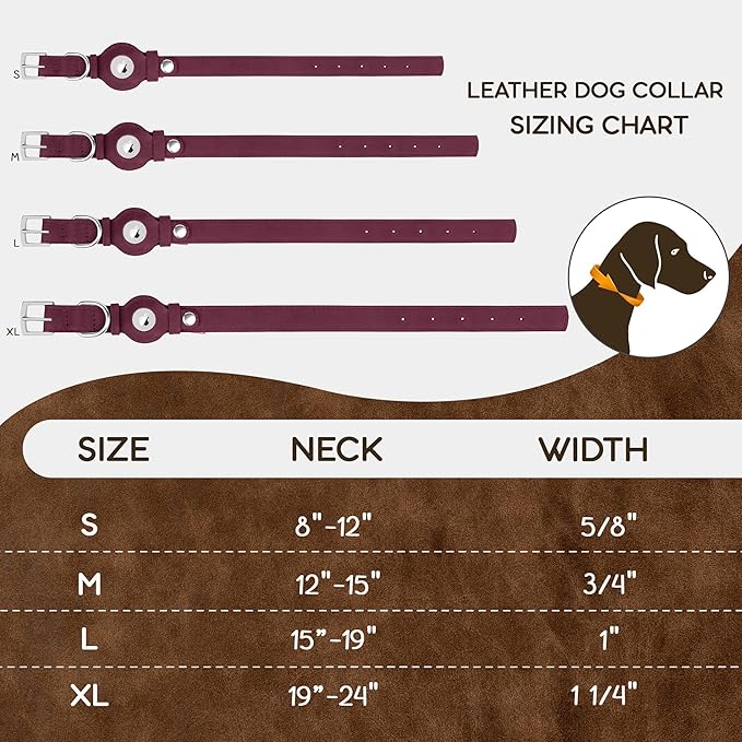 Leather Dog Collar with Airtag Holder - Apple AirTag Dog Collars - Soft Tracking Smart GPS Pet Collar for Small Medium Large Dogs Puppy (Burgundy, S, 9"-12" Neck Fit)