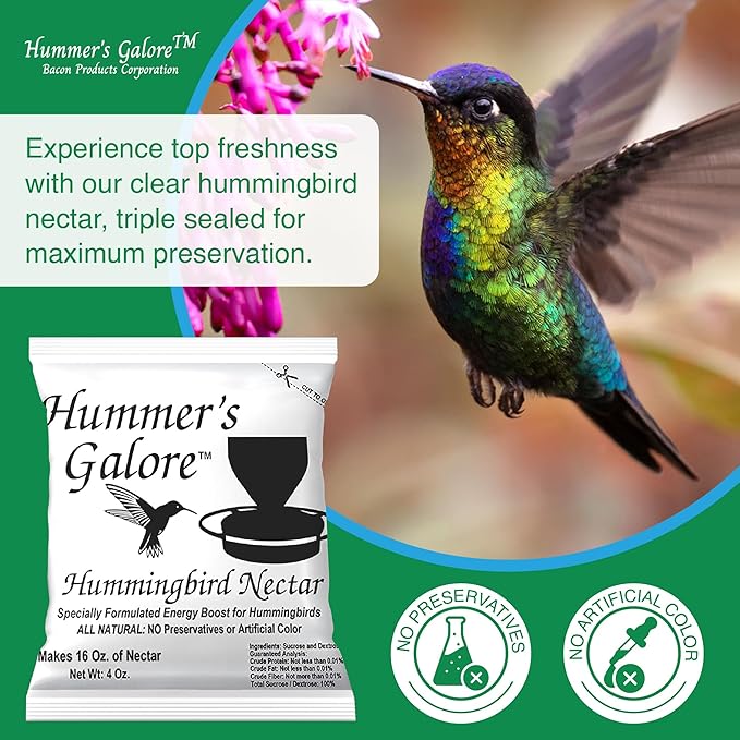 Hummer's Galore Made in USA Hummingbird Food - Ready-to-Mix Hummingbird Nectar, All-Natural Nectar Collector Formula, No Preservatives or Dyes, Makes 64 Ounces (4 Packets Included)